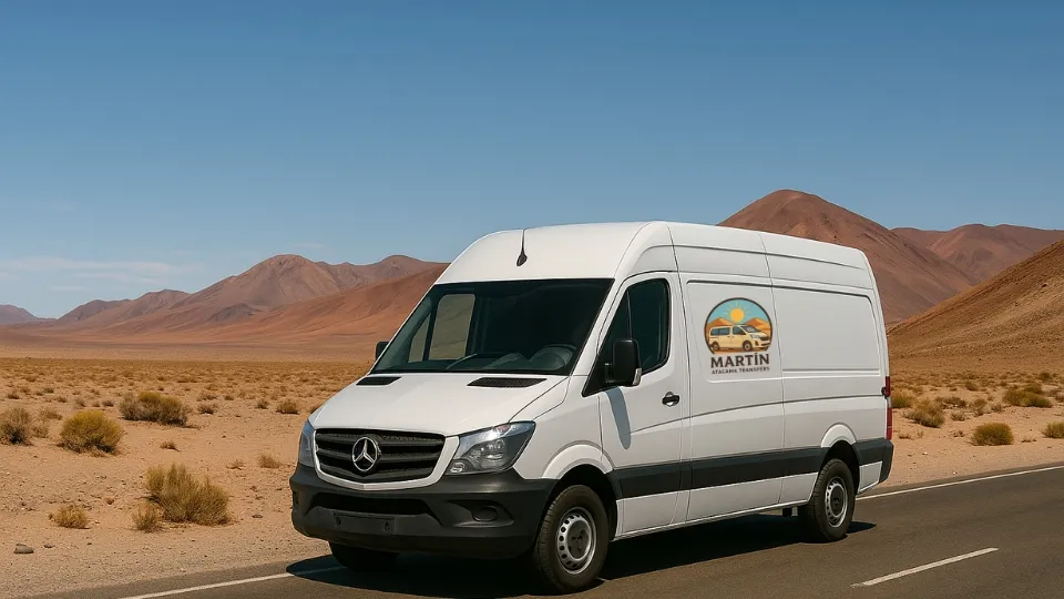 Van blanca de Martín Atacama Transfers en una ruta del desierto